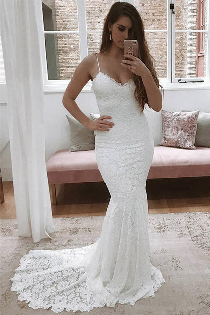 Spaghetti Straps Mermaid All Over Lace Ivory Wedding Dress