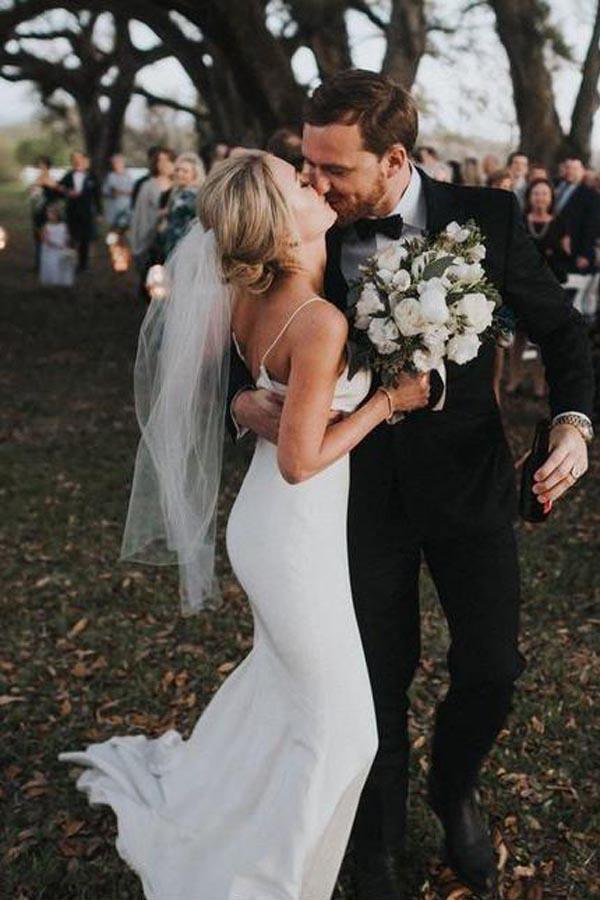 Spaghetti Straps Mermaid Backless V-Neck Beach Wedding Dresses