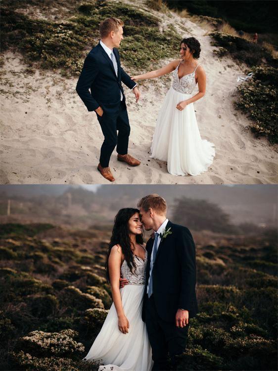 فساتين زفاف ريفية بخط عنق بحمالات رفيعة على شكل حرف A مزينة بالخرز