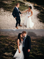 فساتين زفاف ريفية بخط عنق بحمالات رفيعة على شكل حرف A مزينة بالخرز