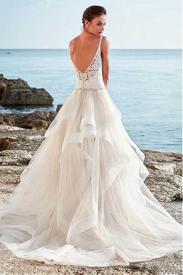 A-Linie Brautkleid mit Spaghettiträgern und Perlenbesatz