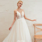 Spaghettiträger Tiefer V-Ausschnitt Brautkleid Tiefer Rücken Champagner Brautkleid