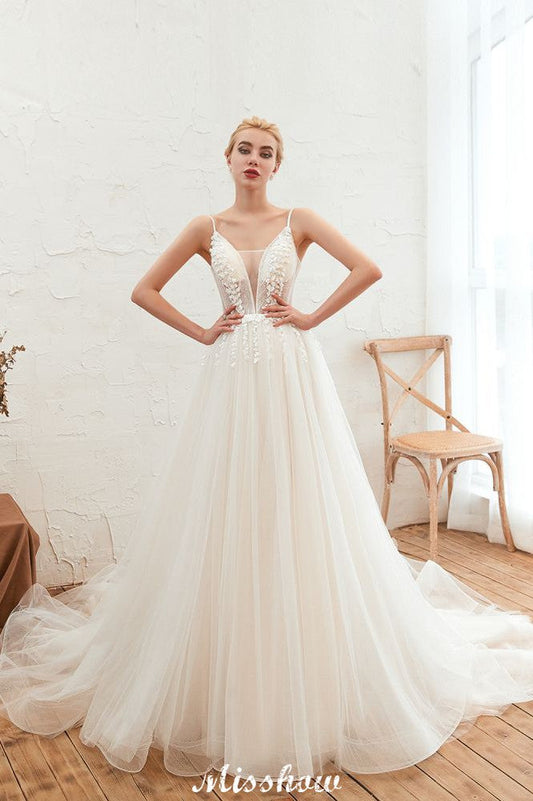 Spaghetti Straps Plunging V-Neck Wedding Dress Low Back Champagne Bridal Gown