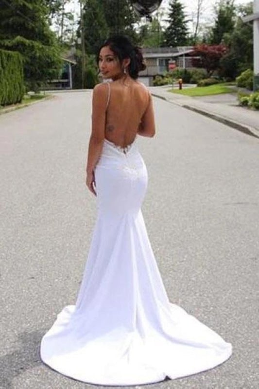 Spaghettiträger Hübsche Meerjungfrau Spitzenapplikationen Sexy Rückenfreies Elegantes Brautkleid 