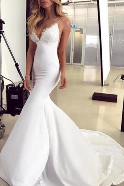 Spaghettiträger Hübsche Meerjungfrau Spitzenapplikationen Sexy Rückenfreies Elegantes Brautkleid 