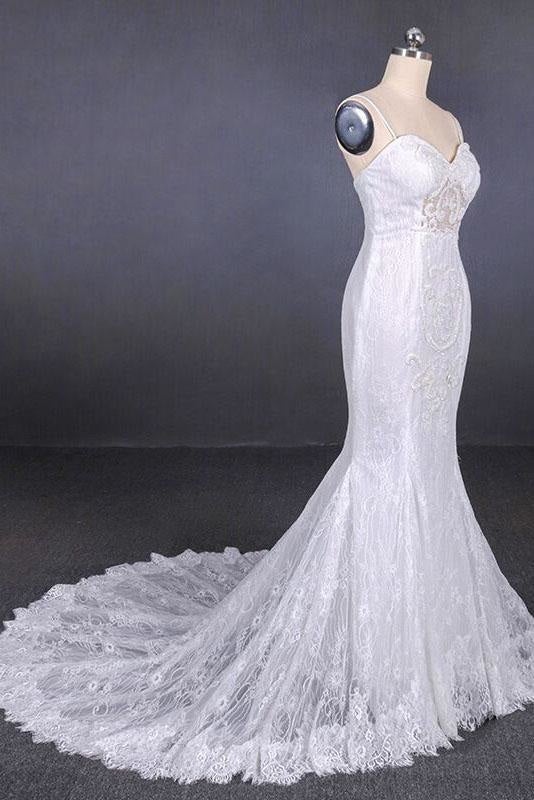 Spaghetti Straps Pretty Mermaid with Appliques Lace Beach Elegant Wedding Dresses