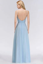 Vestido de Dama de Honra em Chiffon com Folhos e Alças Finas, Azul Céu, Corte em A, para Festa de Casamento