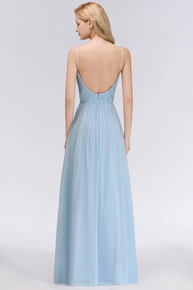 Vestido de Dama de Honra em Chiffon com Folhos e Alças Finas, Azul Céu, Corte em A, para Festa de Casamento