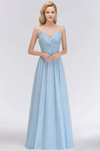 Vestido de Dama de Honra em Chiffon com Folhos e Alças Finas, Azul Céu, Corte em A, para Festa de Casamento