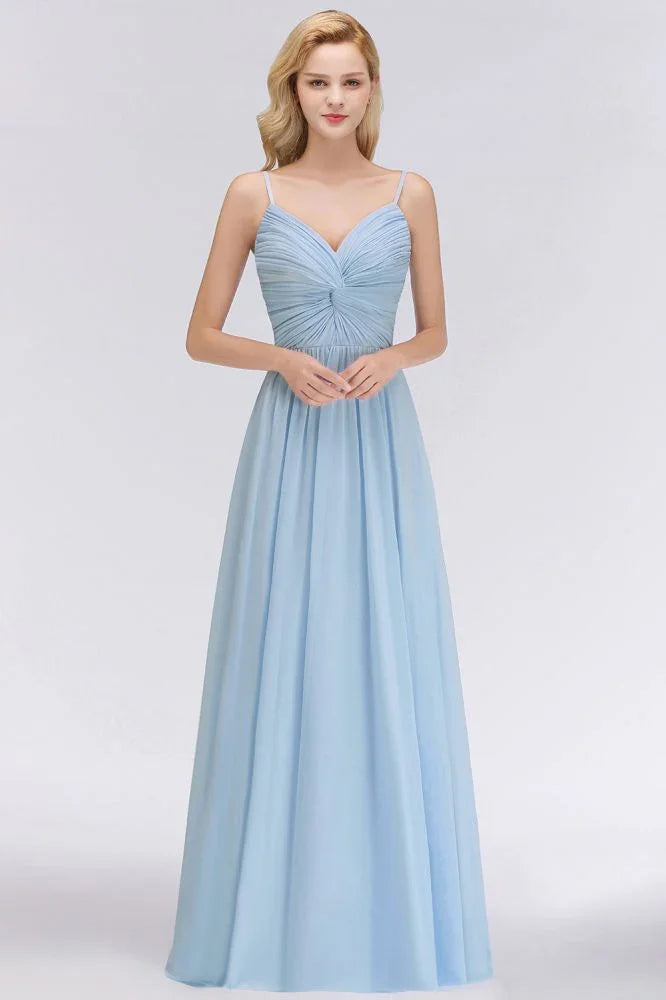 Vestido de Dama de Honra em Chiffon com Folhos e Alças Finas, Azul Céu, Corte em A, para Festa de Casamento