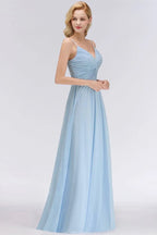 Vestido de Dama de Honra em Chiffon com Folhos e Alças Finas, Azul Céu, Corte em A, para Festa de Casamento