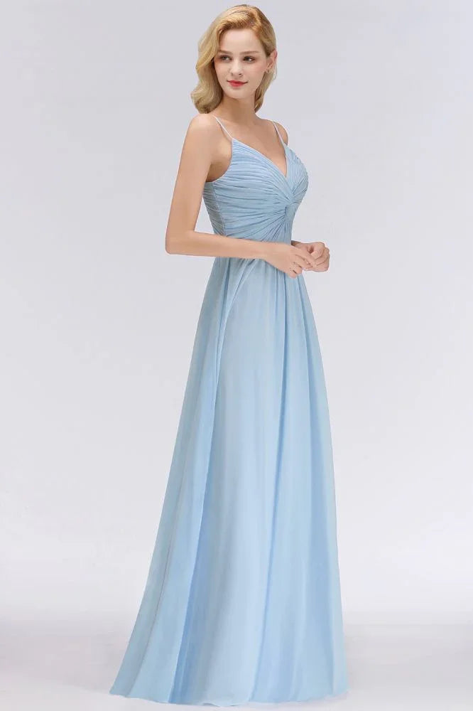 Vestido de Dama de Honra em Chiffon com Folhos e Alças Finas, Azul Céu, Corte em A, para Festa de Casamento