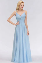 Vestido de Dama de Honra em Chiffon com Folhos e Alças Finas, Azul Céu, Corte em A, para Festa de Casamento