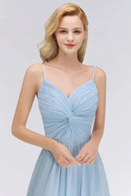 Vestido de Dama de Honra em Chiffon com Folhos e Alças Finas, Azul Céu, Corte em A, para Festa de Casamento