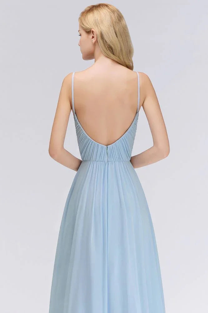 Vestido de Dama de Honra em Chiffon com Folhos e Alças Finas, Azul Céu, Corte em A, para Festa de Casamento