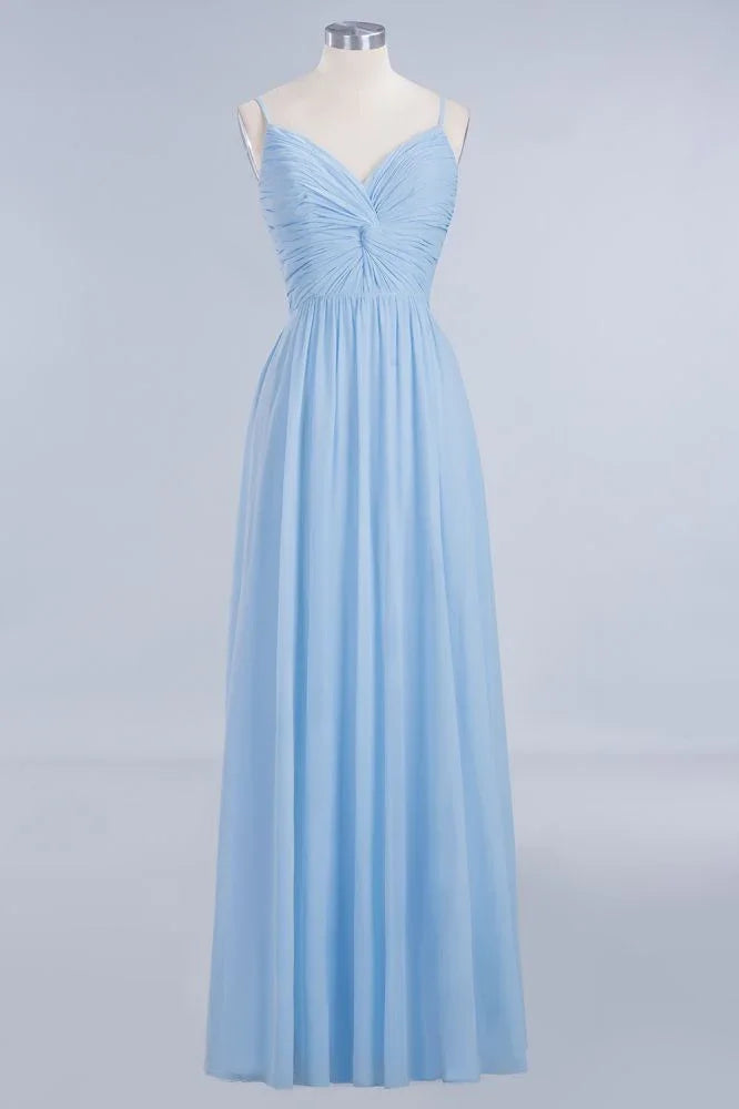 Vestido de Dama de Honra em Chiffon com Folhos e Alças Finas, Azul Céu, Corte em A, para Festa de Casamento