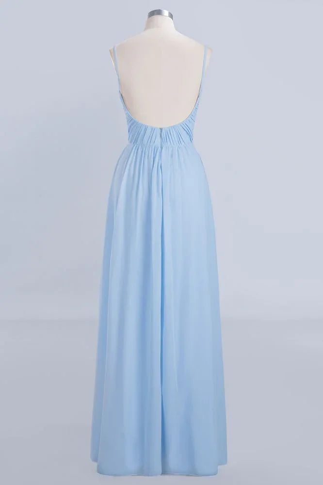 Vestido de Dama de Honra em Chiffon com Folhos e Alças Finas, Azul Céu, Corte em A, para Festa de Casamento