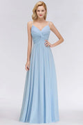 Vestido de Dama de Honra em Chiffon com Folhos e Alças Finas, Azul Céu, Corte em A, para Festa de Casamento