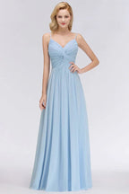 Vestido de Dama de Honra em Chiffon com Folhos e Alças Finas, Azul Céu, Corte em A, para Festa de Casamento