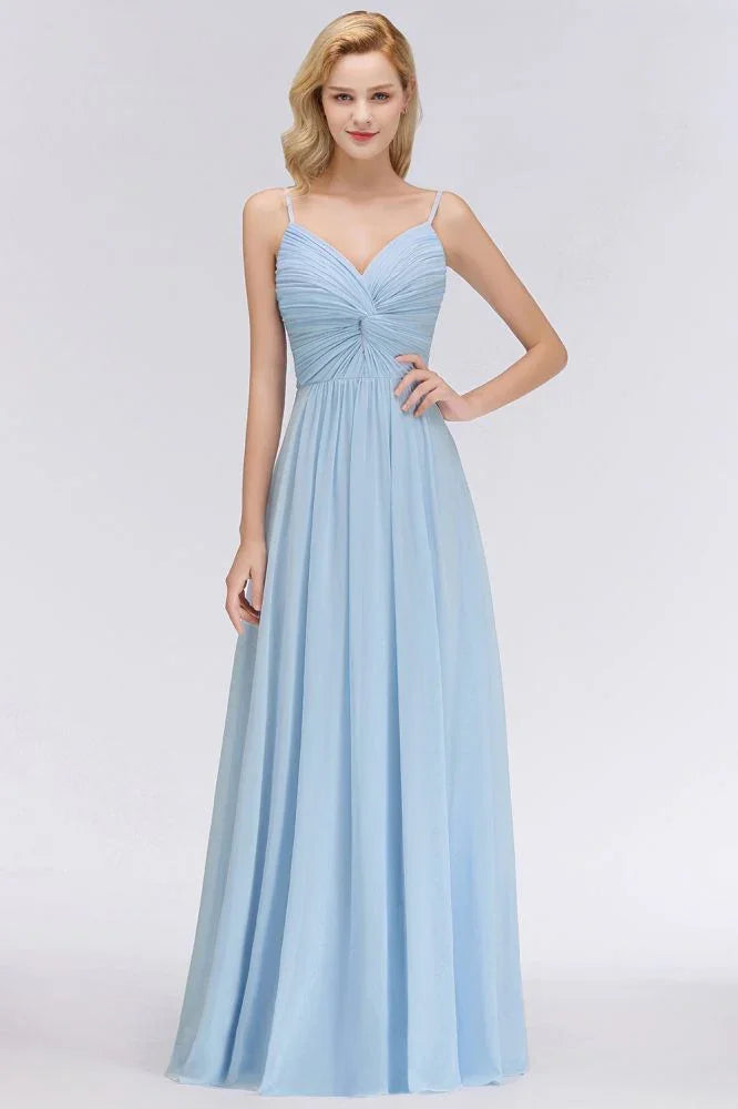 Vestido de Dama de Honra em Chiffon com Folhos e Alças Finas, Azul Céu, Corte em A, para Festa de Casamento