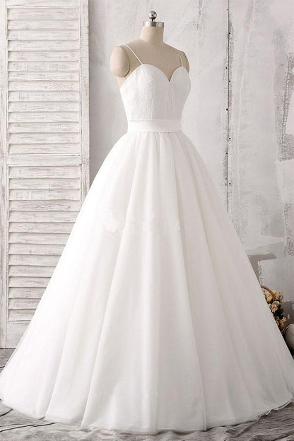 Spaghettiträger Herzausschnitt Bodenlang Weiß Satin Brautkleid 