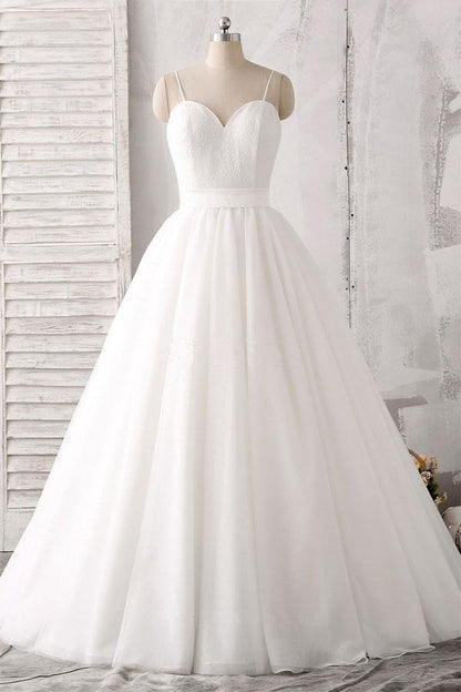 Spaghettiträger Herzausschnitt Bodenlang Weiß Satin Brautkleid 