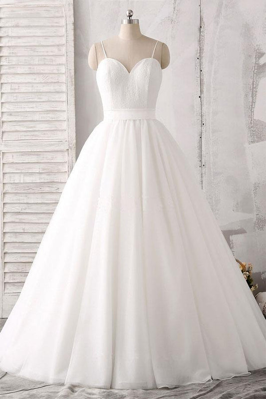 Spaghettiträger Herzausschnitt Bodenlang Weiß Satin Brautkleid 