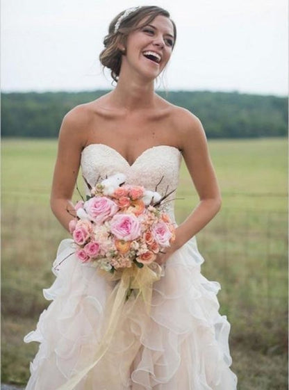 Spaghettiträger Weiß Spitze Chiffon Strand Elegante Brautkleider