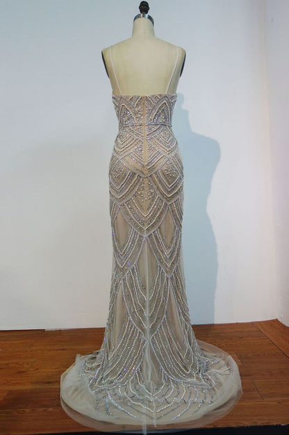 Spaghetti Sweetheart Mermaid Long Sequined Beading Prom Dresses with Pearls and Crystals