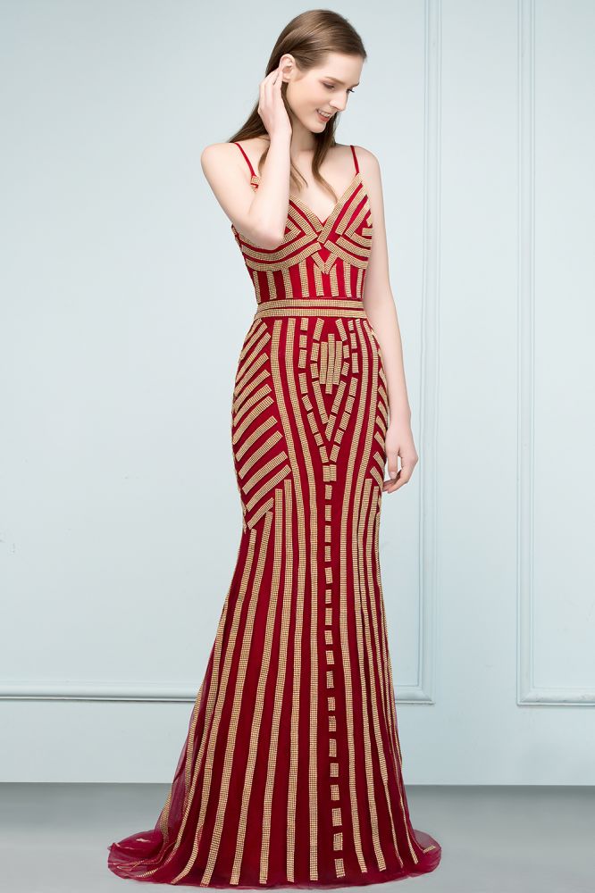 Vestidos de fiesta de tul con cuentas, corte sirena, escote en V y longitud hasta el suelo