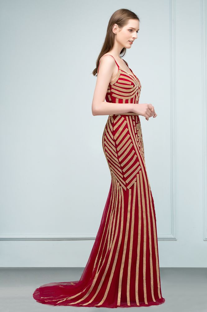 Vestidos de fiesta de tul con cuentas, corte sirena, escote en V y longitud hasta el suelo