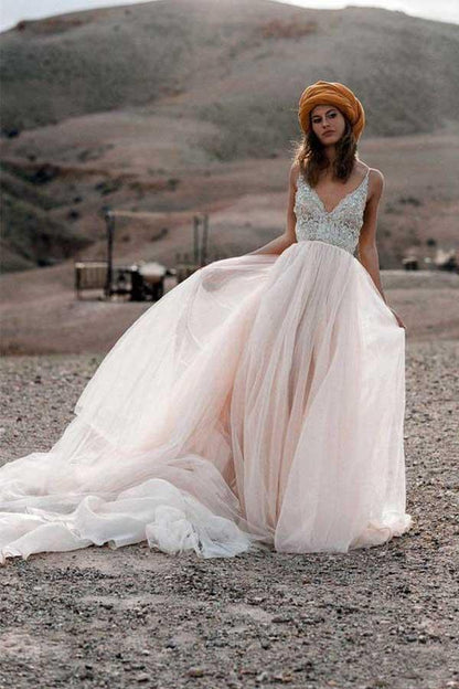 Sparkle Perlen A-Linie V-Ausschnitt Brautkleider Rückenfreie Brautkleider
