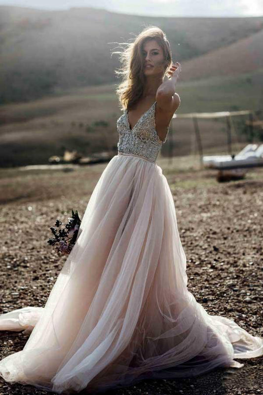 Sparkle Perlen A-Linie V-Ausschnitt Brautkleider Rückenfreie Brautkleider