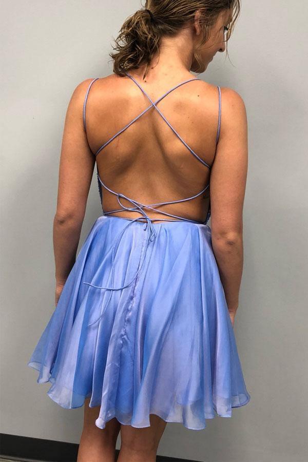 Robe courte de bal bleu à perles scintillantes, robe de rentrée