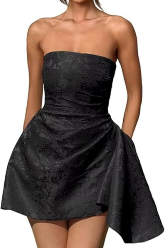 Wunderschönes gerüschtes Mini-Partykleid aus Satin, trägerlos, geblümtes Jacquard-Heimkehrkleid mit Tasche