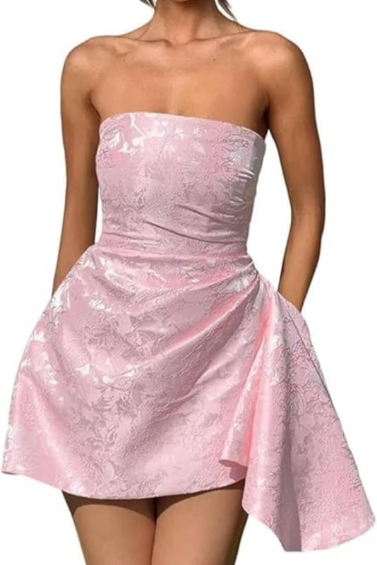 Wunderschönes gerüschtes Mini-Partykleid aus Satin, trägerlos, geblümtes Jacquard-Heimkehrkleid mit Tasche