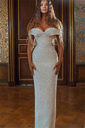 Abito da sera bianco scintillante con paillettes, a colonna, scollatura a spalle scoperte