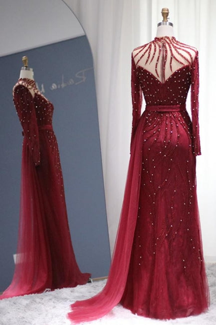 Sparkly Burgundy Long Sleeve Mermaid Prom Dresses Luxious Evening Gowns