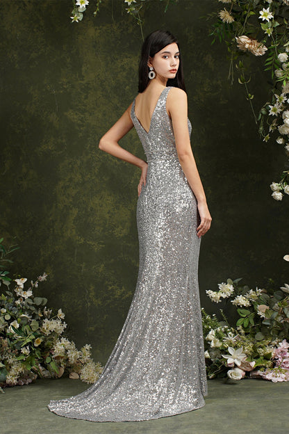 Glitzerndes Meerjungfrau-Brautjungfern-/Ballkleid mit breiten Trägern, V-Ausschnitt und Pailletten und Seitenschlitz