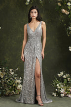 Abito da damigella/della festa con spalline larghe, scollo a V, paillettes e spacco laterale, sirena scintillante