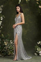 Abito da damigella/della festa con spalline larghe, scollo a V, paillettes e spacco laterale, sirena scintillante