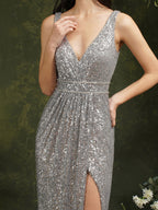 Abito da damigella/della festa con spalline larghe, scollo a V, paillettes e spacco laterale, sirena scintillante