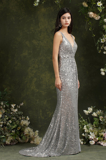 Glitzerndes Meerjungfrau-Brautjungfern-/Ballkleid mit breiten Trägern, V-Ausschnitt und Pailletten und Seitenschlitz