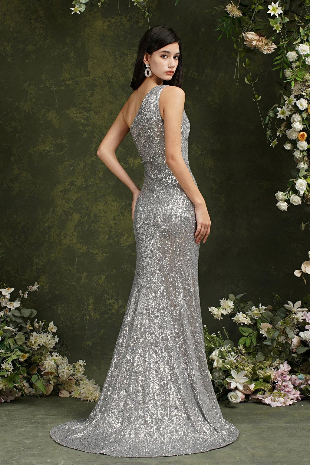 Vestido de dama de honor/baile largo hasta el suelo con lentejuelas brillantes, un solo hombro y abertura lateral estilo sirena