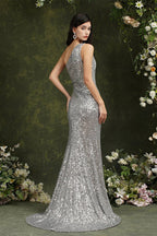 Vestido de dama de honor/baile largo hasta el suelo con lentejuelas brillantes, un solo hombro y abertura lateral estilo sirena