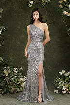 Vestido de dama de honor/baile largo hasta el suelo con lentejuelas brillantes, un solo hombro y abertura lateral estilo sirena