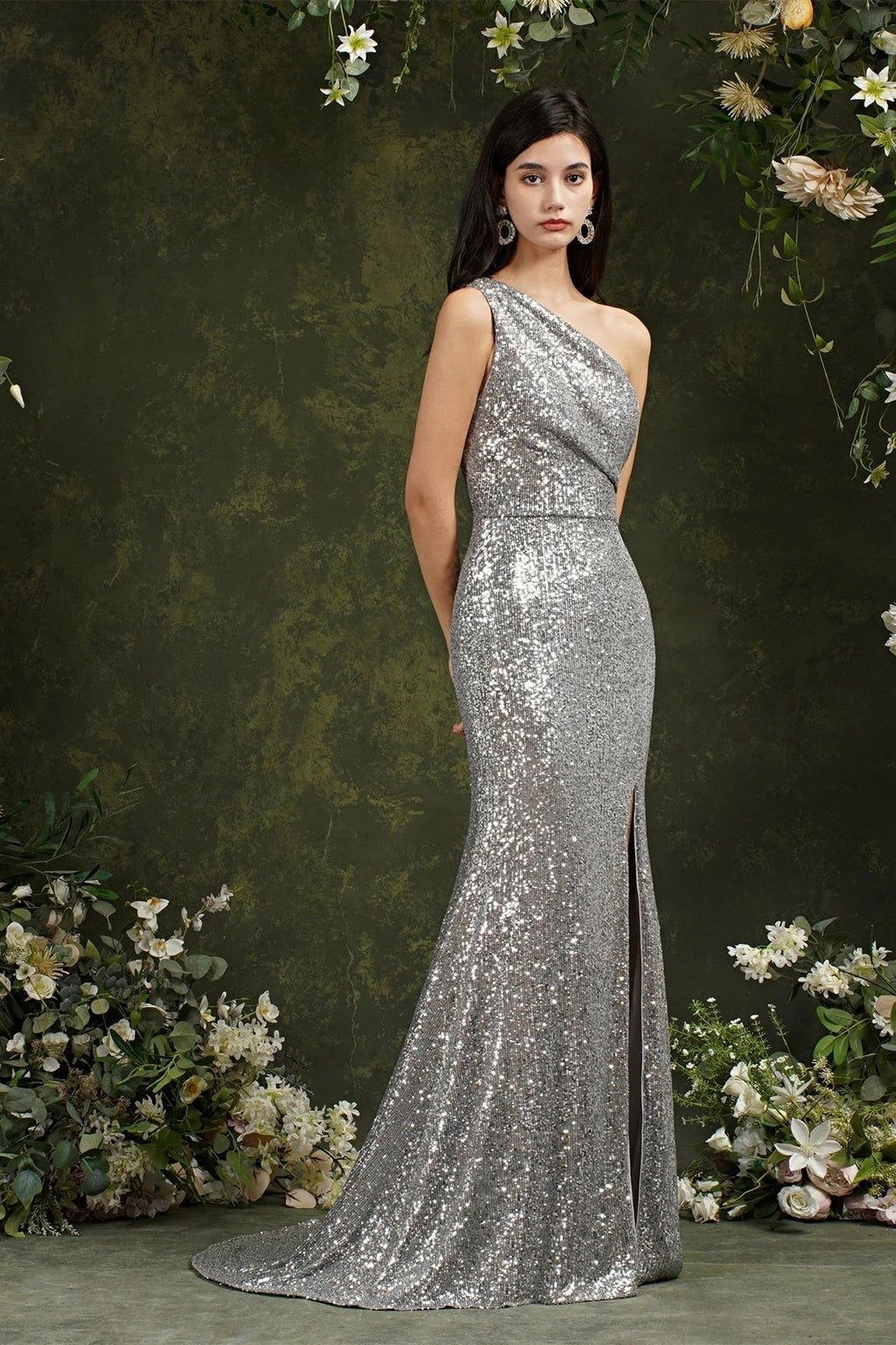 Vestido de dama de honor/baile largo hasta el suelo con lentejuelas brillantes, un solo hombro y abertura lateral estilo sirena