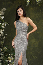 Vestido de dama de honor/baile largo hasta el suelo con lentejuelas brillantes, un solo hombro y abertura lateral estilo sirena