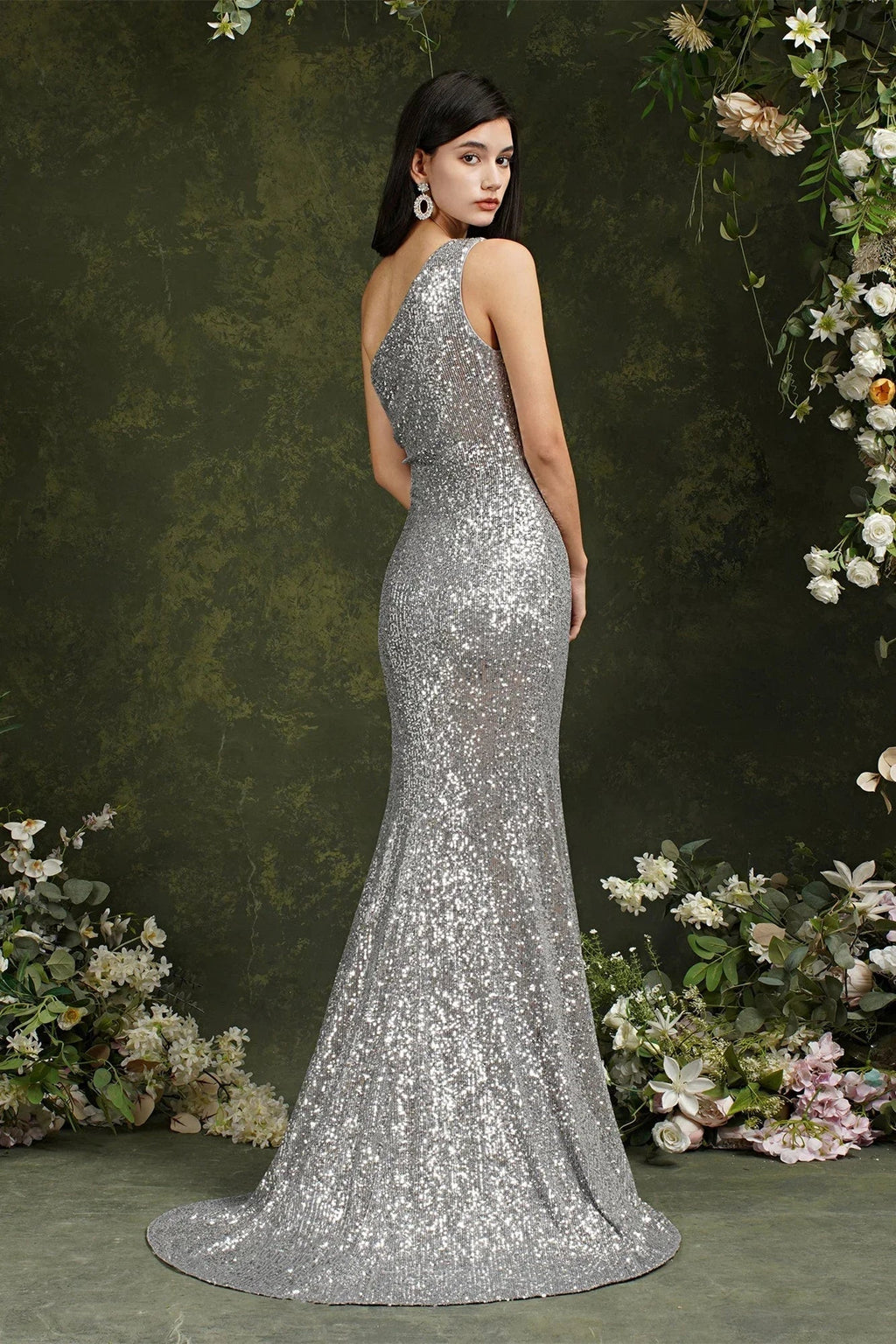 Vestido de dama de honor/baile largo hasta el suelo con lentejuelas brillantes, un solo hombro y abertura lateral estilo sirena