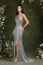 Vestido de dama de honor/baile largo hasta el suelo con lentejuelas brillantes, un solo hombro y abertura lateral estilo sirena